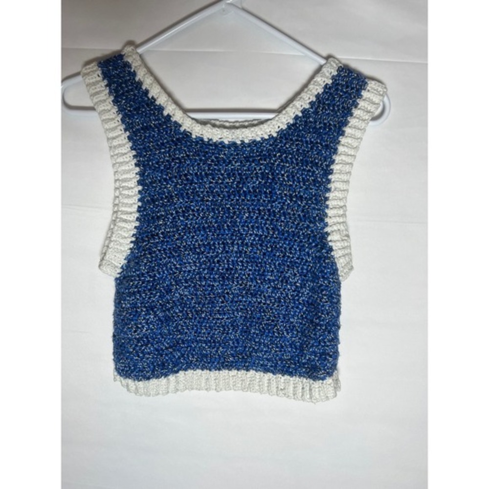 Handmade Blue White Crochet Sweater Marled Knit Crop Top Sleeveless S